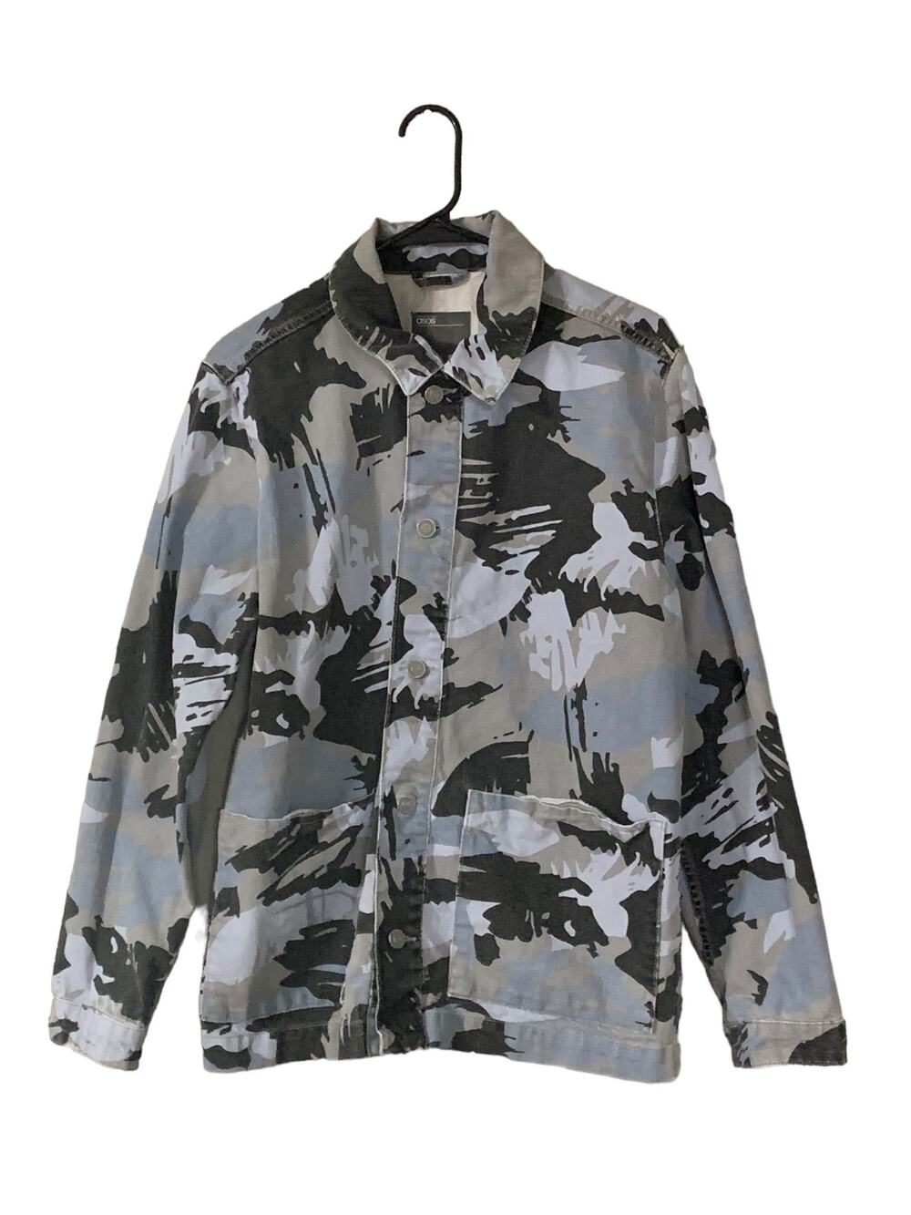 ASOS Mens Camo Denim Jacket Medium Gray Black Button Front Shacket